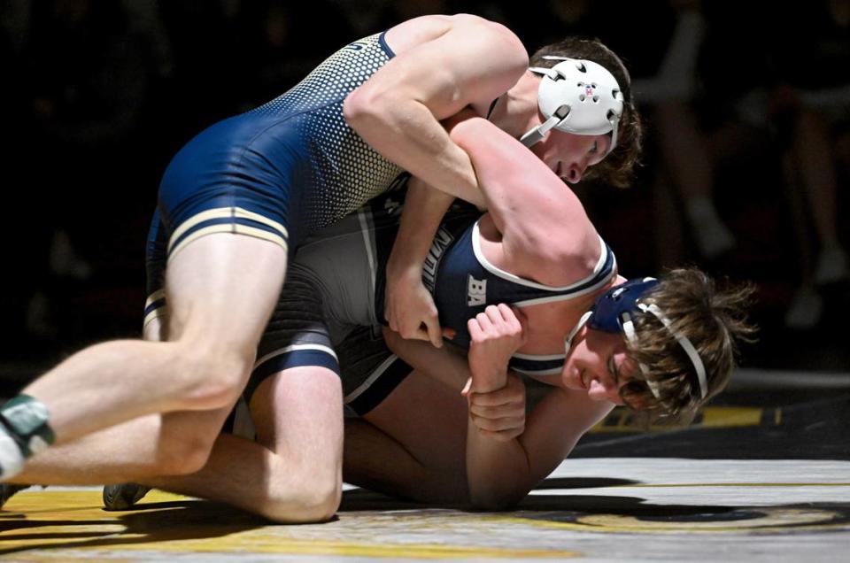 Bald Eagle Area’s Connor Maney controls Philipsburg-Osceola’s Mason Packer in the 139 lb match during the dual on Thursday, Jan. 18, 2024.