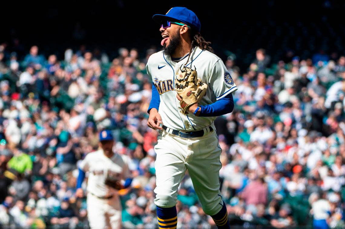 Seattle Mariners shortstop J.P. Crawford (3) sticks his tongue out in celebration during the fourth inning at T-Mobile Park in Seattle, Wash. on Sunday, April 17, 2022. The Seattle Mariners defeated the Houston Astros 7-2 in their third game of the season.