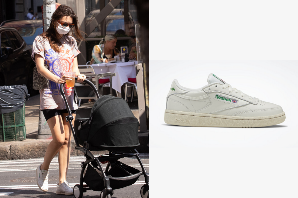 Emily Ratajkowski in Reebok Club C 85 Model Vintage Shoes. Images via Getty, Reebok.