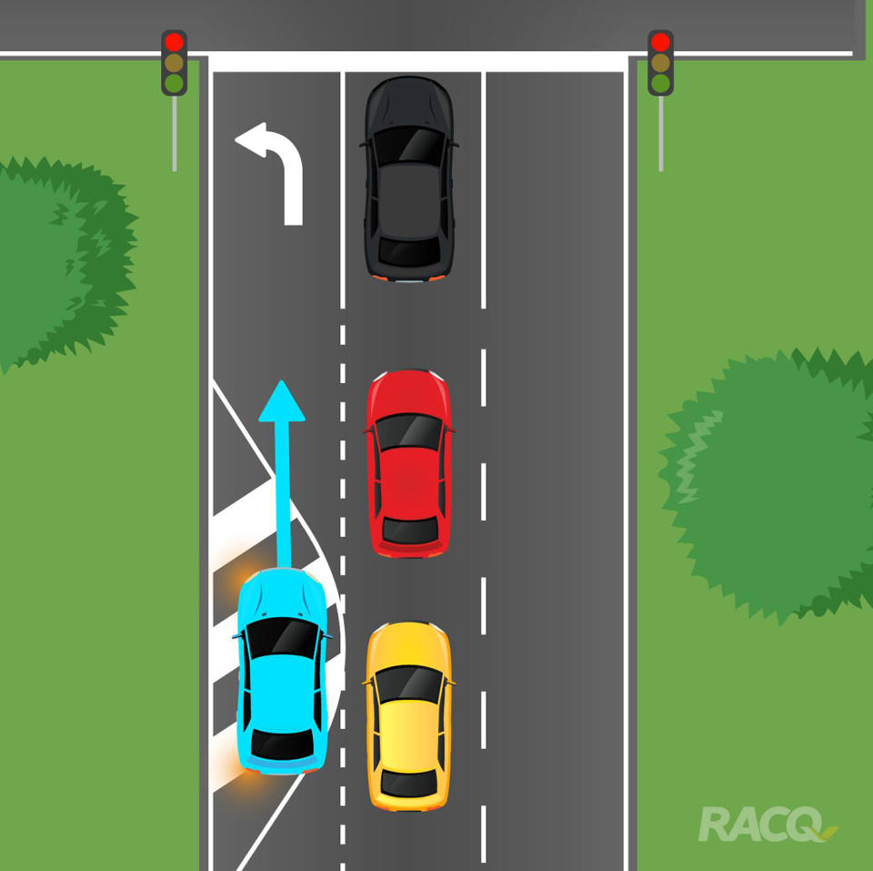 The RACQ quiz graphic showing a car turning left, driving over the painted island. Source: RACQ / Facebook
