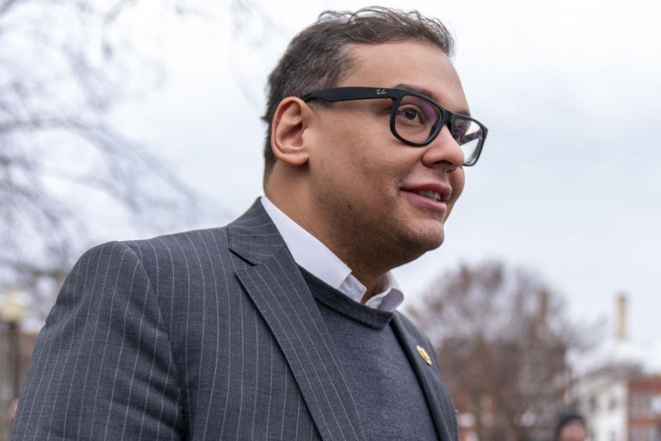 FILE - Rep. George Santos, R-N.Y., leaves a House GOP conference meeting on Capitol Hill in Washington, Jan. 25, 2023. (AP Photo/Andrew Harnik, File)