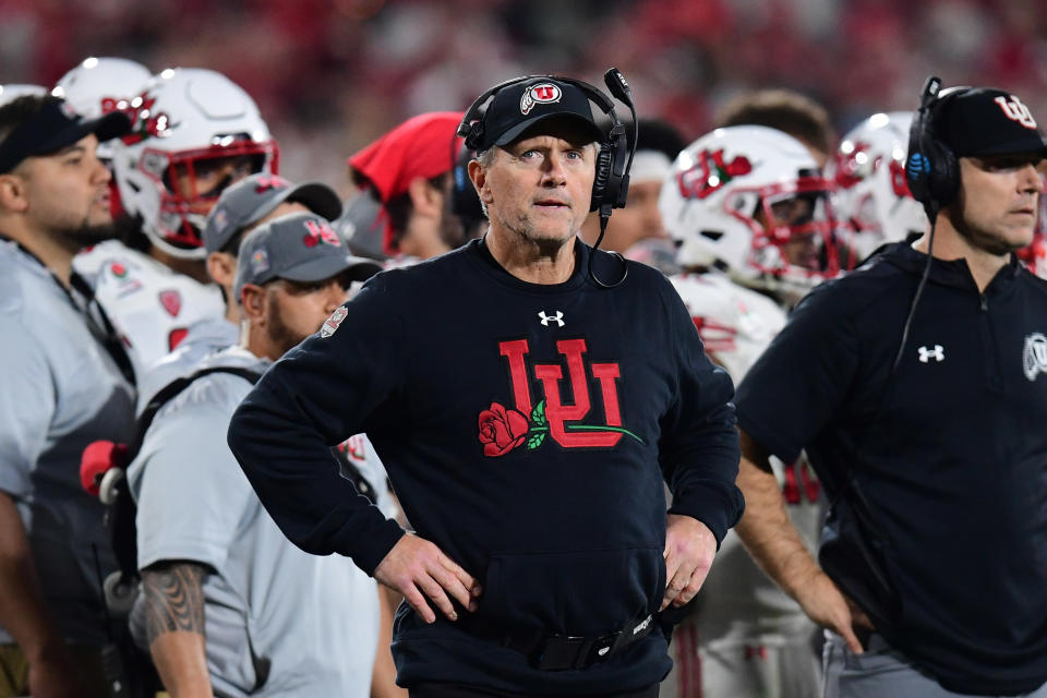 Jan 1, 2022; Pasadena, CA, USA; Utah Utes head coach Kyle Wittingham looks on in the fourth quarter against the Ohio State Buckeyes during the 2022 Rose Bowl college football game at the Rose Bowl. Mandatory Credit: Gary A. Vasquez-USA TODAY Sports