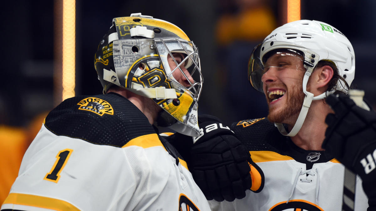 David Pastrnak suits up as goalie during Bruins offseason