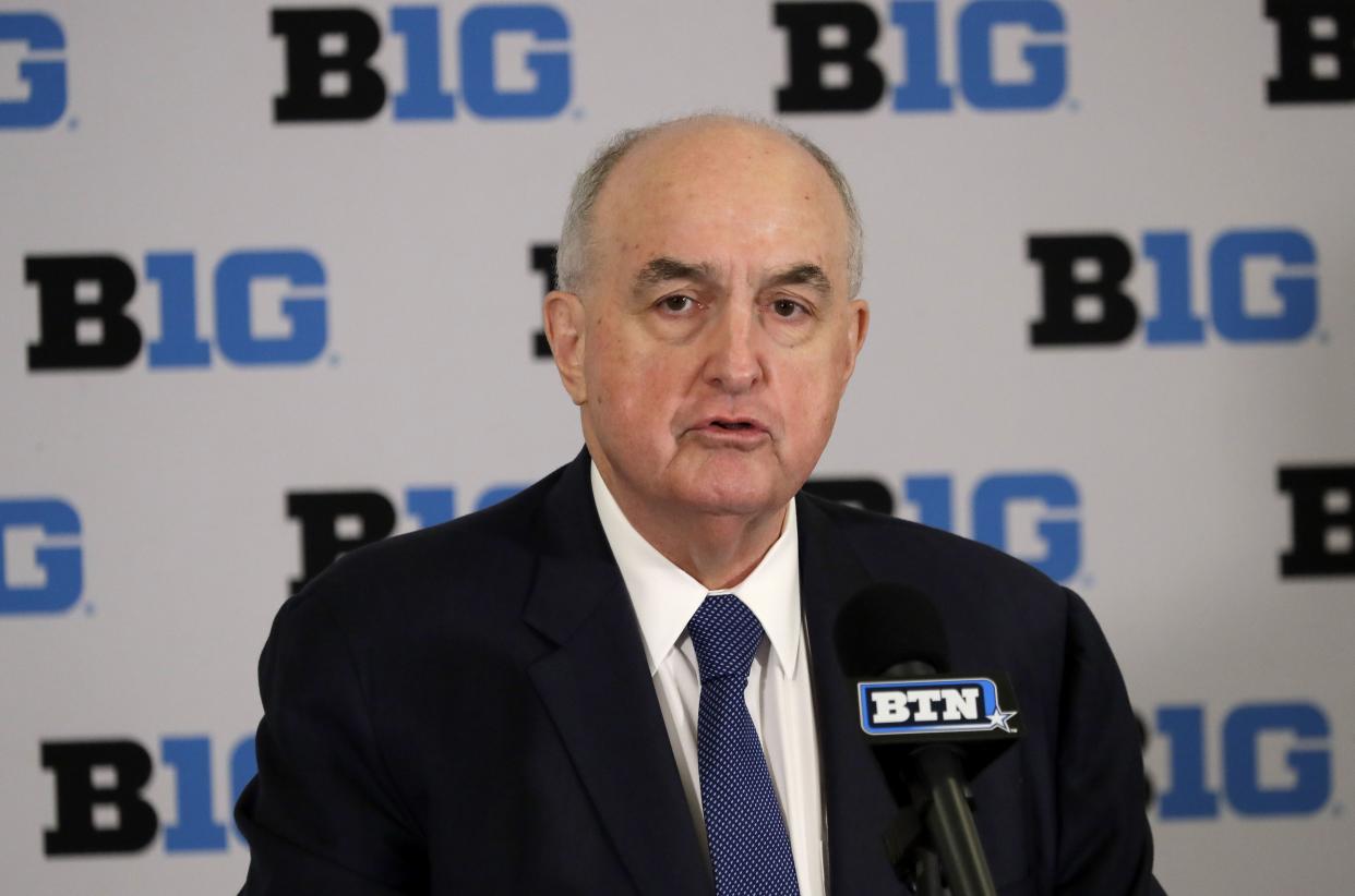 In this June 4, 2019, photo, Indiana University president Michael A. McRobbie speaks during a news conference in Rosemont, Ill. Indiana University is giving students and employees an option to avoid providing proof of COVID-19 vaccinations, changing a policy that had drawn protests from many state officials. IU announced Tuesday, June 1, 2021, that students and employees would be able to attest to their vaccination without having to provide documentation of having received the shots as was required under the previous policy announced May 21.