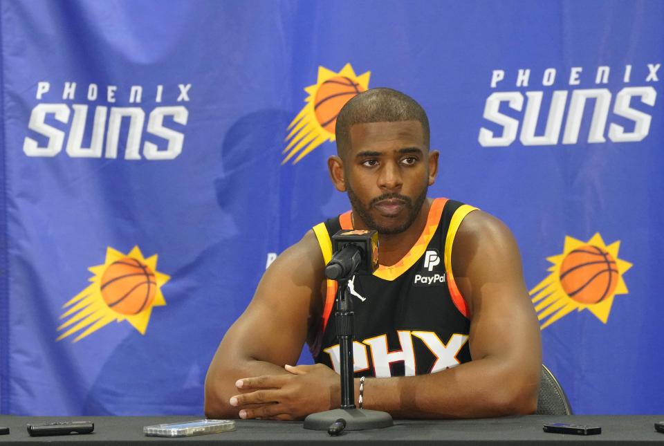 Suns point guard Chris Paul speaks during a press conference on media day at Events on Jackson in Phoenix on Sept. 26, 2022.