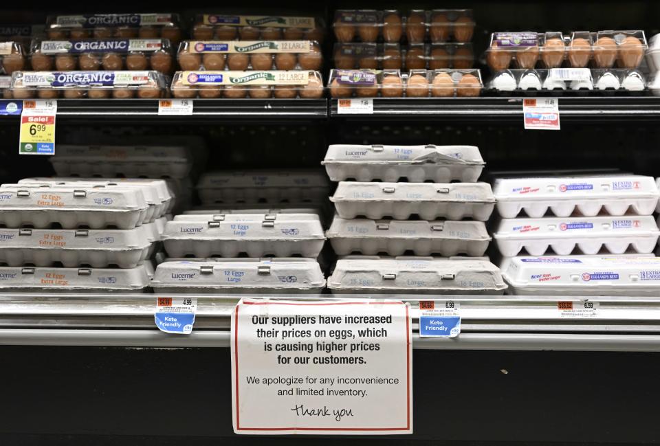 NEW YORK, UNITES STATES - JANUARY 21: Egg shelves are seen with a note apologizing to customers for the price increase after the reduction in productivity brought on by poultry fatalities caused by various illnesses in New York, United States on January 21, 2023. The egg prices jumped by two to three times across the country, from 3 to 4 dollars per package to 9 to 11 dollars for organic eggs and from 2 to 3 dollars to 5 to 7 dollars for regular eggs. (Photo by Fatih Aktas/Anadolu Agency via Getty Images)