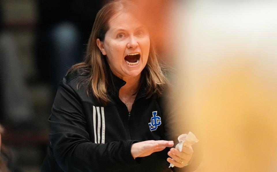Jennings County Panthers head coach Kristi Sigler yells to player not he court Thursday, Oct. 5, 2023, during the Hall of Fame Classic girls basketball tournament at New Castle Fieldhouse in New Castle. The Columbia City Eagles defeated the Jennings County Panthers, 56-47.