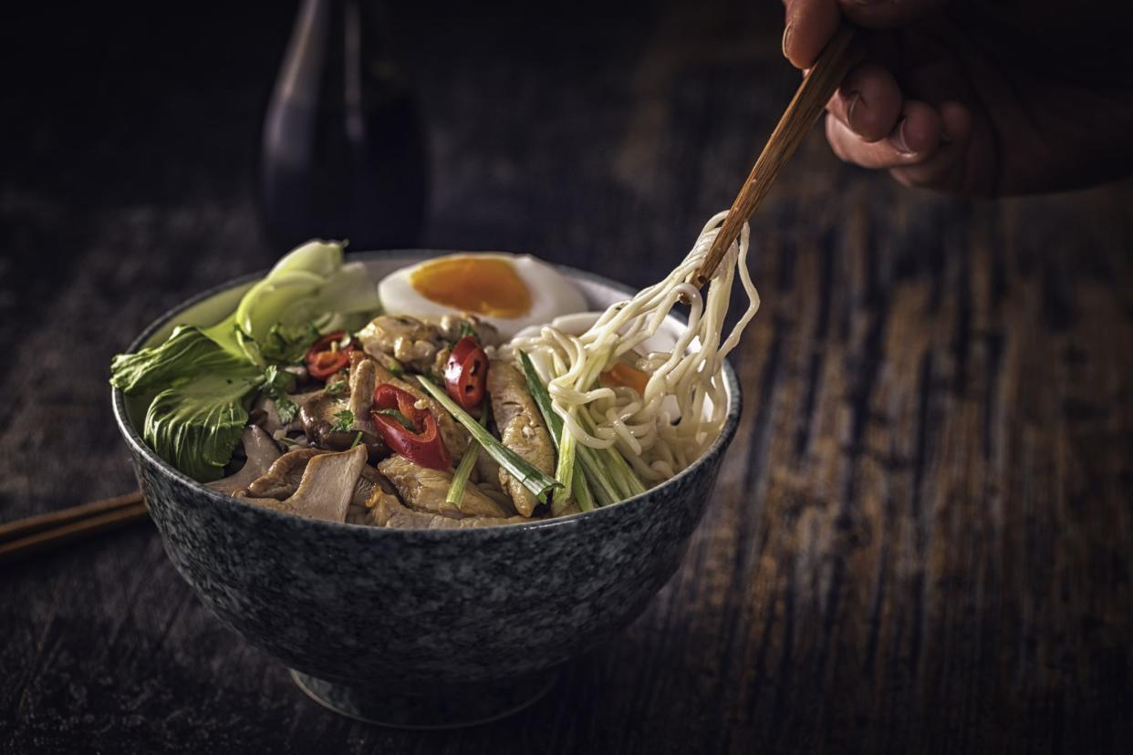 Delicious Miso Ramen Noodle Soup with fresh vegetables, ramen noodles and cooked egg