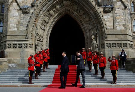 Canada's Prime Minister Justin Trudeau (R) walks with Mexico's President Enrique Pena Nieto on Parliament Hill in Ottawa, Ontario, Canada, June 28, 2016. REUTERS/Chris Wattie