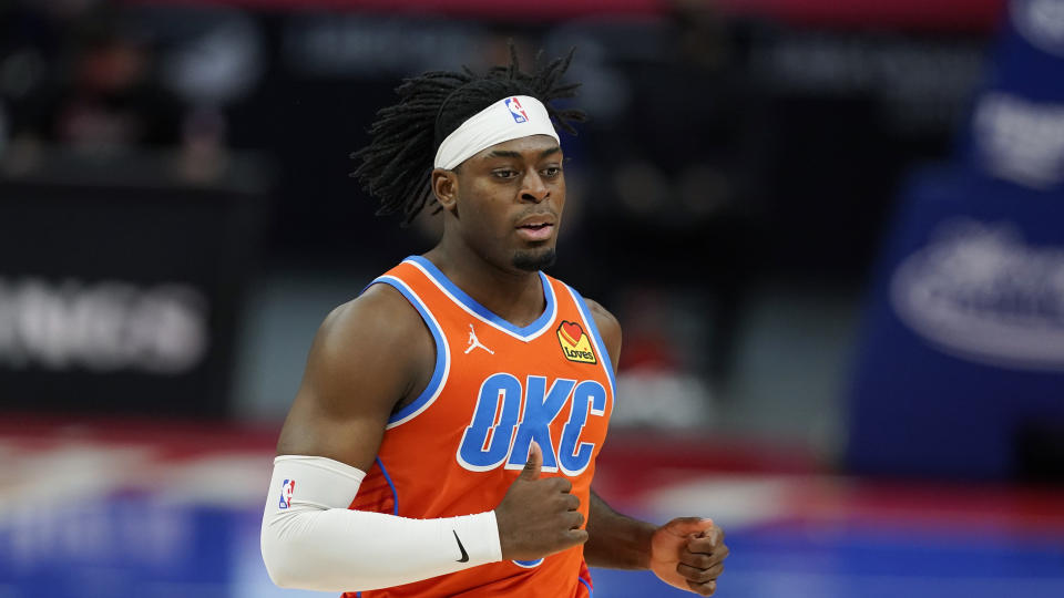 Oklahoma City Thunder forward Luguentz Dort plays during an NBA basketball game, Friday, April 16, 2021, in Detroit.