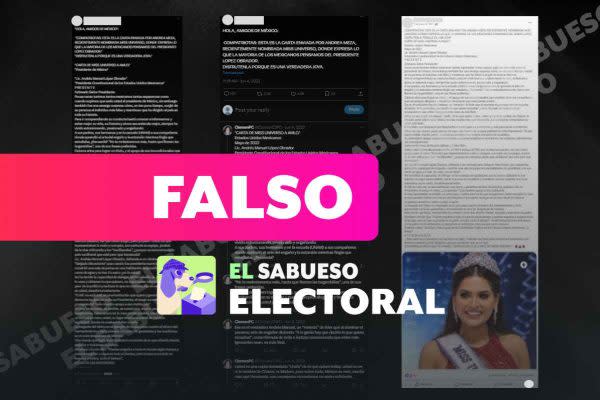 Captura de publicaciones que desinforman sobre supuesta carta escrita por ex Miss Universo Andrea Meza a AMLO