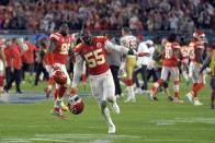 Kansas City Chiefs' Frank Clark celebrates after defeating the San Francisco 49ers in the NFL Super Bowl 54 football game Sunday, Feb. 2, 2020, in Miami Gardens, Fla. (AP Photo/Mark J. Terrill)