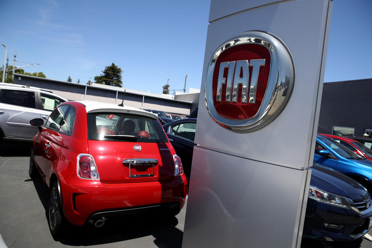 BURLINGAME, CALIFORNIA - JUNE 06: The Fiat logo is displayed on a car at a Fiat dealership on June 06, 2019 in Burlingame, California. Fiat Chrysler announced that it has withdrawn a proposal to merge with French automaker Renault. (Photo by Justin Sullivan/Getty Images)