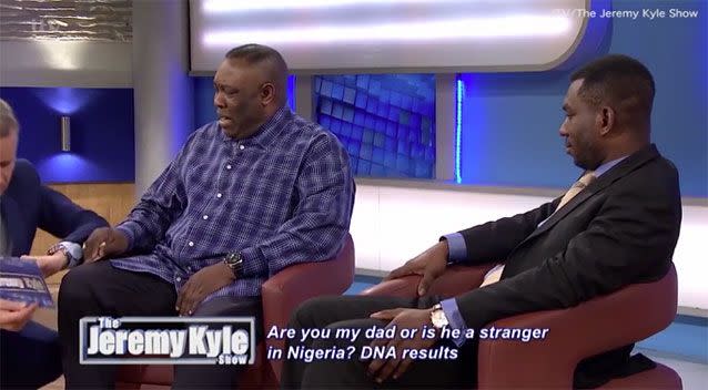 Valentine and his son Oscar appeared on The Jeremy Kyle Show seeking answers about the adult son's paternity. Picture: The Jeremy Kyle Show