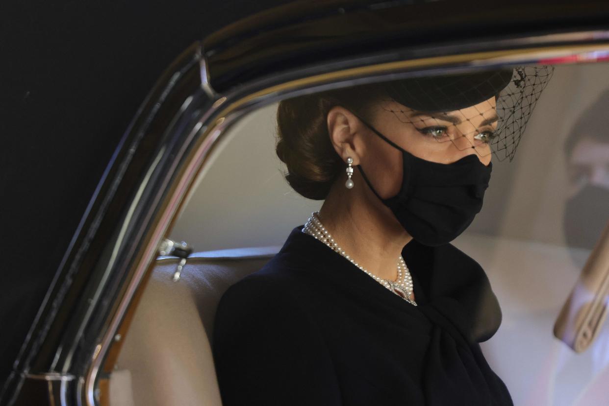 Kate Middleton gave a subtle nod to Princess Diana at the April 17 funeral of Prince Philip. (Photo: CHRIS JACKSON/AFP via Getty Images)