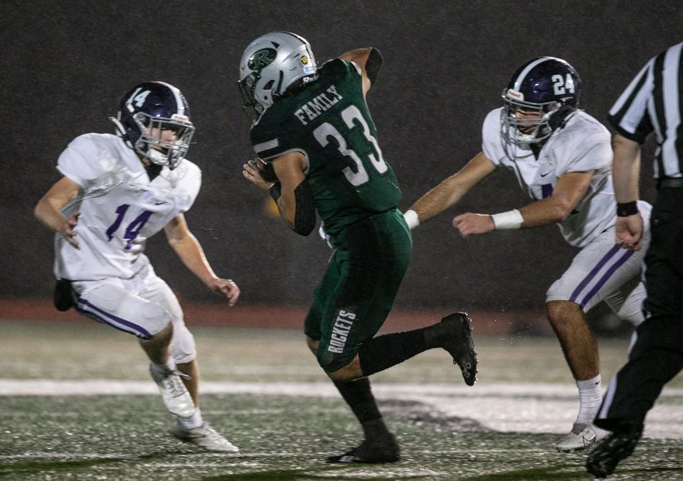 Raritan running back Kieran Falzon, shown scoring a TD against Rumson-Fair Haven in the NJSIAA South Group 2 championship, was one of the top players in the Shore Conference this past week.