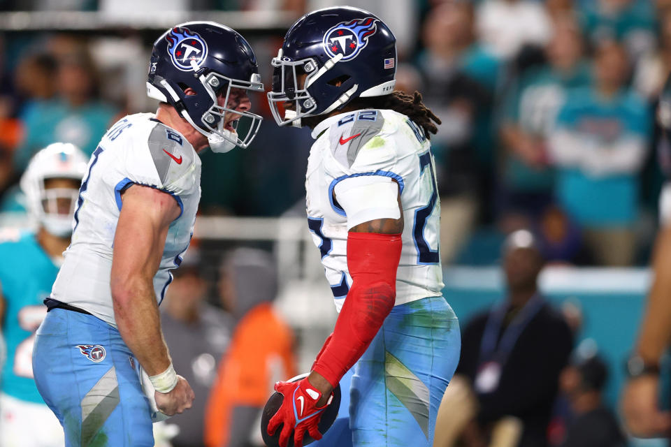 Will Levis and Derrick Henry celebrate Henry's game-winning score. (Megan Briggs/Getty Images)