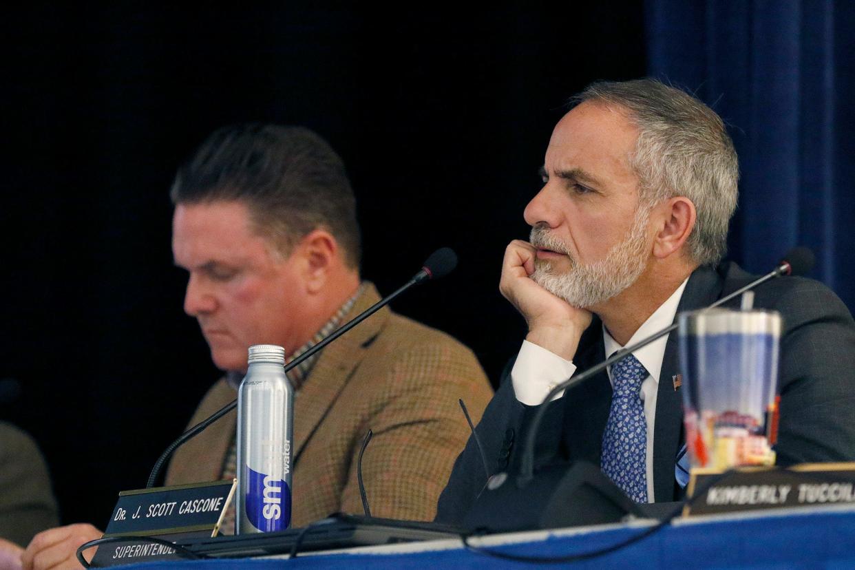 Holmdel Superintendent Dr. J. Scott Cascone listens to public comment during the Board of Education meeting Sept. 27, 2023. The board was considering whether to repeal its current student transgender policy, a move that would remove explicit protections for transgender students from the district's policy manual. The board voted to rescind the policy in October.