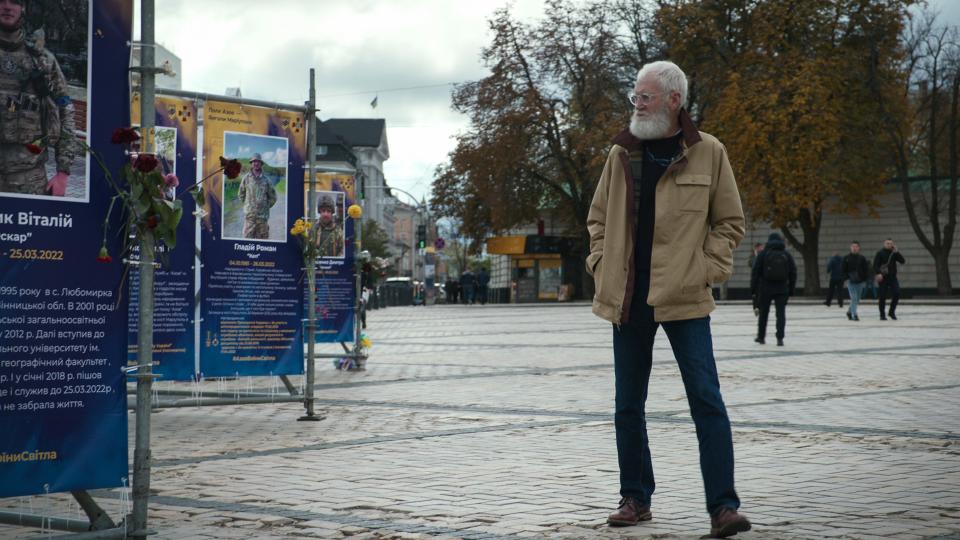 David Letterman views memorials for fallen Ukrainian solders during a special episode of "My Next Guest" with David Letterman and Volodymyr Zelenskyy.