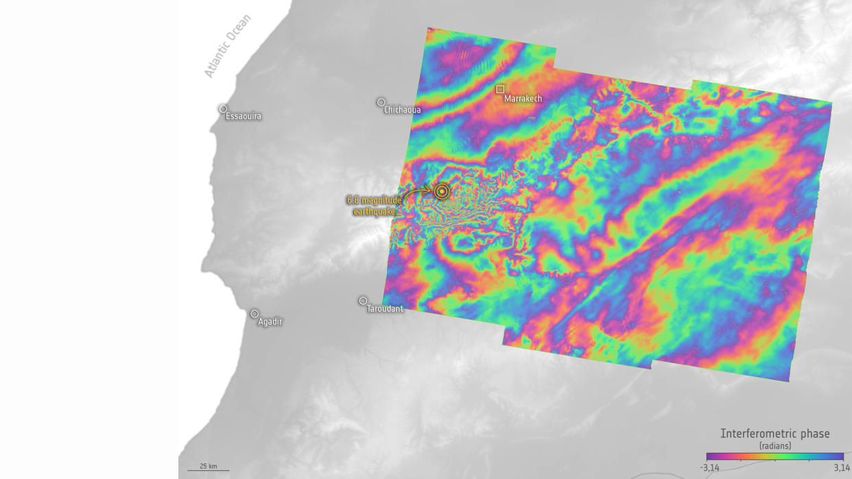  An interferogram based on radar measurements by the European Earth-observing satellite Sentinel-1 showing ground-movement caused by the earthquake of September 2023 in Morocco. 