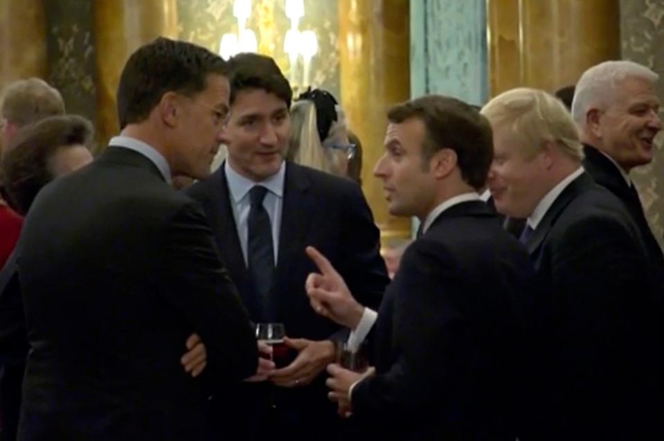 In footage recorded during a reception at Buckingham Palace on Dec. 3, 2019, Canadian Prime Minister Justin Trudeau was seen standing in a huddle with French President Emmanuel Macron, British Prime Minister Boris Johnson, Dutch Prime Minister Mark Rutte and Britain’s Princess Anne.