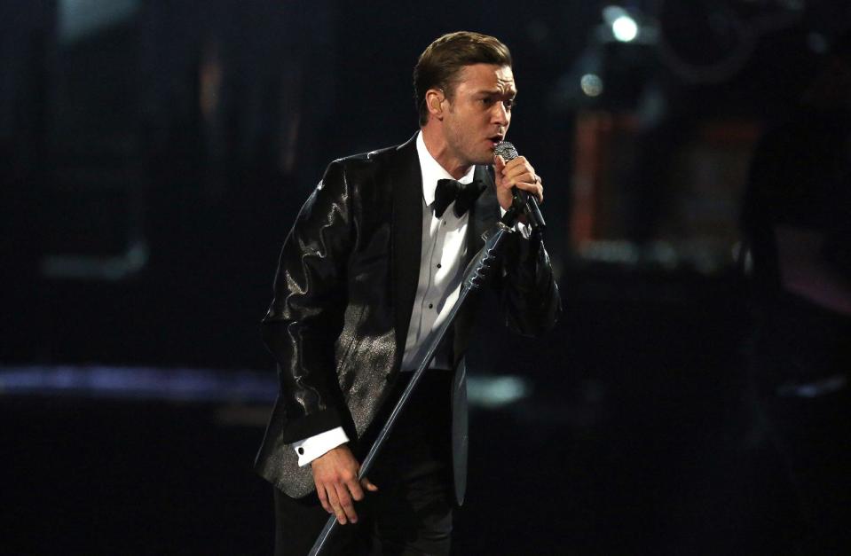 Justin Timberlake performs on stage during the BRIT Awards 2013 at the o2 Arena in London on Wednesday, Feb. 20, 2013. (Photo by Joel Ryan/Invision/AP)