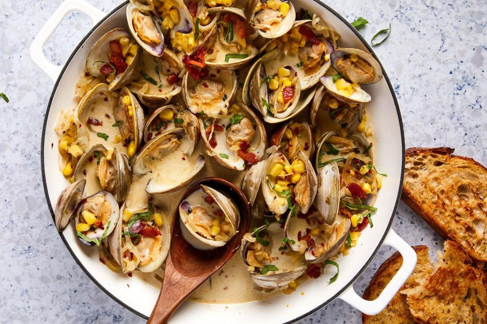 23) Steamed Clams with Bacon, Corn, and Basil