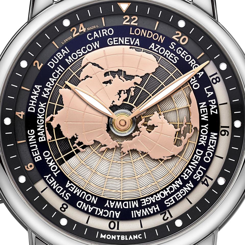 Close up of the dial of the Mont Blanc Star Legacy Orbis Terrarum watch face