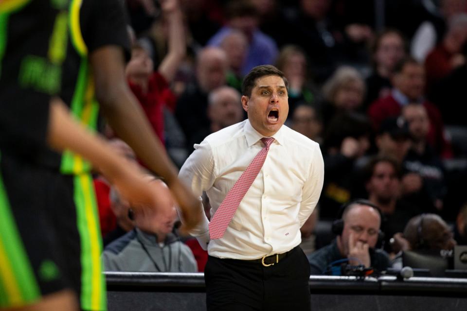 Cincinnati Bearcats head coach Wes Miller yells during the second half of an NCAA men’s college basketball game on Saturday, Feb. 11, 2023 at Fifth Third Arena in Cincinnati. The Bearcats defeated the South Florida Bulls 84-65. 