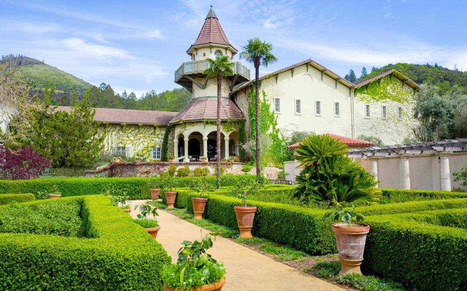 Formal gardens and architecture at Chateau St Jean vineyard in Sonoma County, Kenwood, California