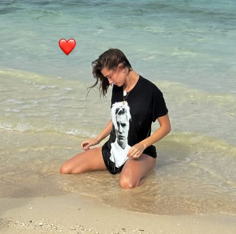 <p>Hailey Bieber/Instagram</p> Hailey shared a snap of herself wearing a T-shirt with her husband's face on it