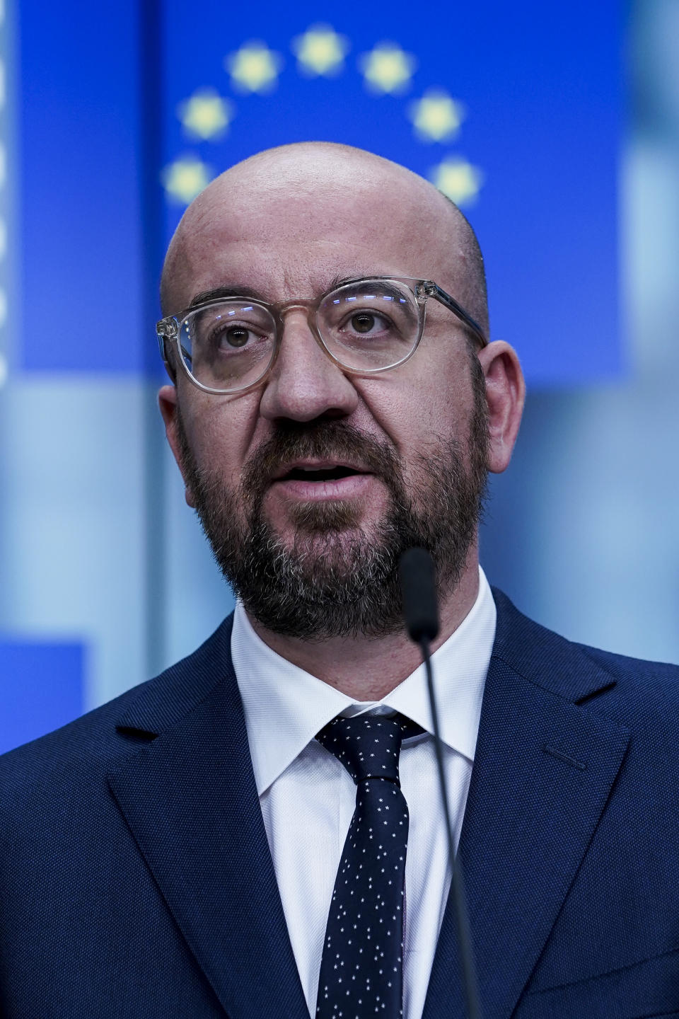 European Council President Charles Michel speaks during a media conference at the European Council building in Brussels, Friday, July 10, 2020. European Council President Charles Michel presented updated proposals for the EU's long-term budget and post-coronavirus recovery plan ahead of a summit next week in Brussels where heads of state and government leaders will try to agree on a compromise. (Kenzo Tribouillard, Pool Photo via AP)