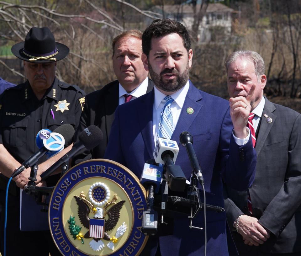 Congressman Mike Lawler offers comments during a press conference on Hazen Ln. in Congers addressing fires along the CSX tracks in Rockland County.  Friday, April 21, 2023. 