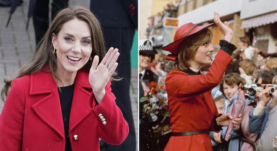 Both Kate and Diana chose red for their visit official visits to Wales as the Princess of Wales. (Getty Images)