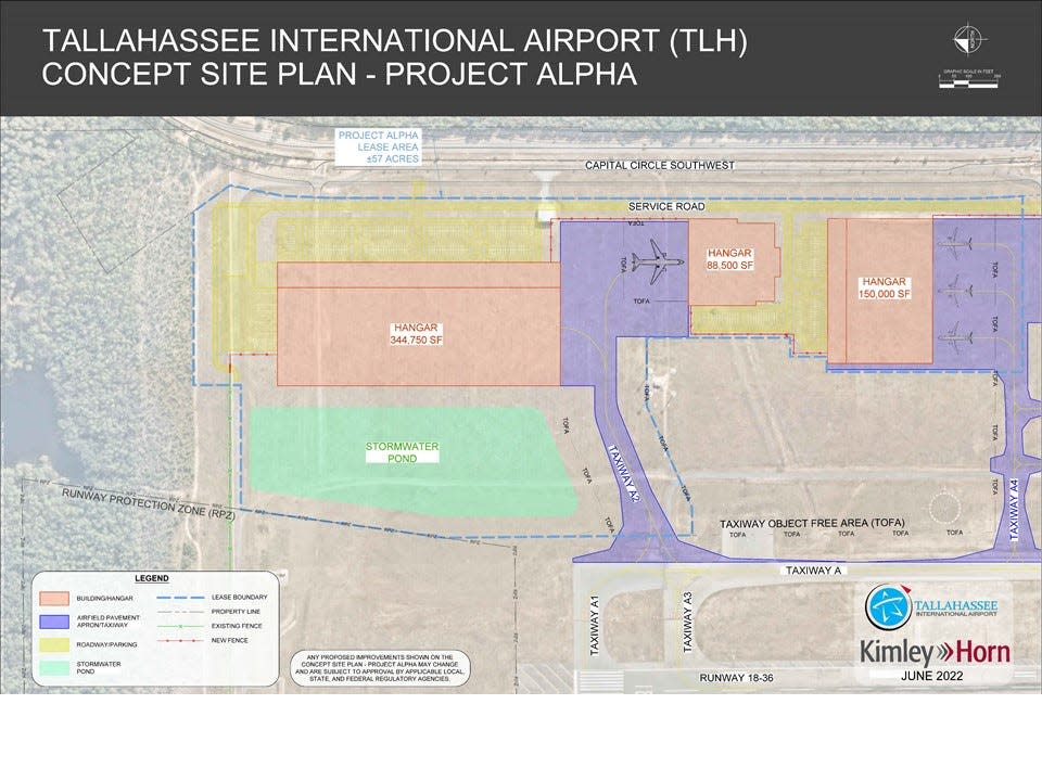 Early conceptual map of Project Alpha, a proposed construction of three buildings marked as "hangar."