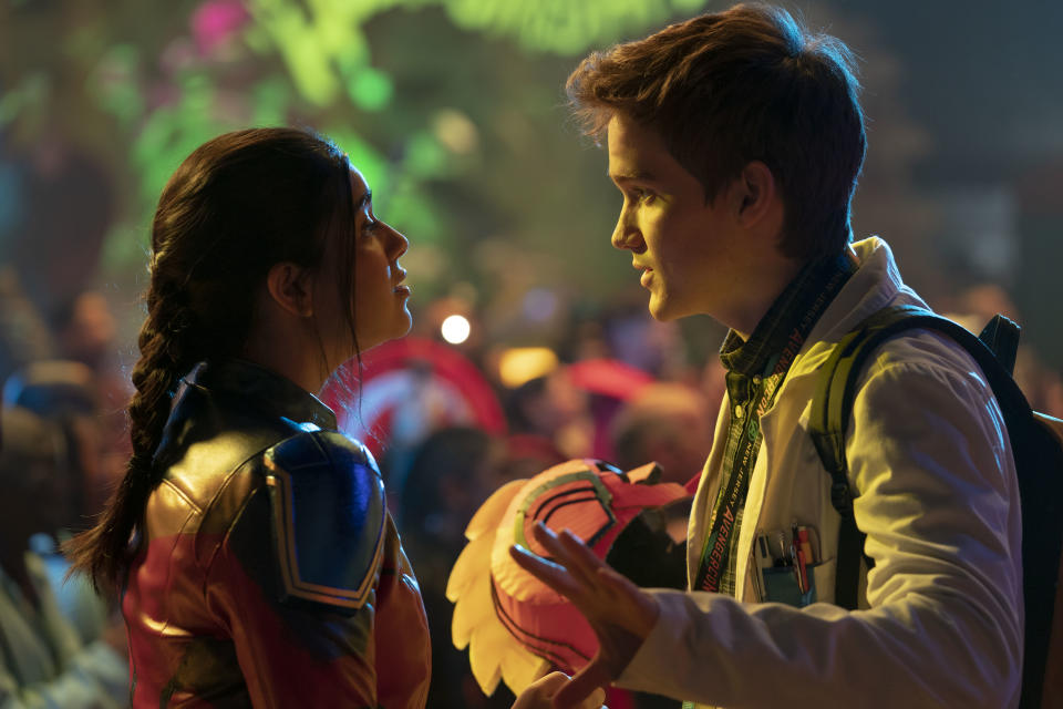 (L-R): Iman Vellani as Ms. Marvel/Kamala Khan and Matt Lintz as Bruno in Marvel Studios' MS. MARVEL. Photo by Daniel McFadden. Â©Marvel Studios 2022. All Rights Reserved. 