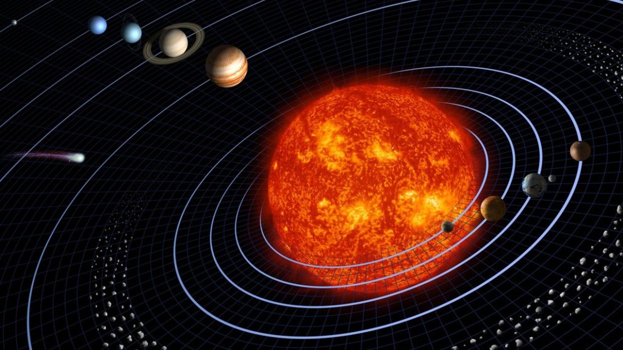  An illustration of the solar system showing the orbits of the planets around the sun. 