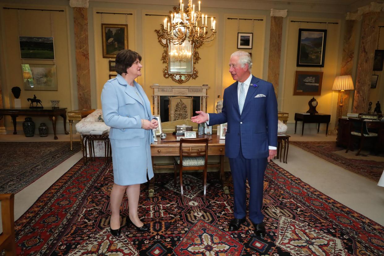 BELFAST, NORTHERN IRELAND - SEPTEMBER 30: Prince Charles, Prince of Wales meeting First Minister Arlene Foster at Hillsborough Castle on September 30, 2020 in Belfast, United Kingdom. (Photo by Press Eye - WPA Pool/Getty Images)