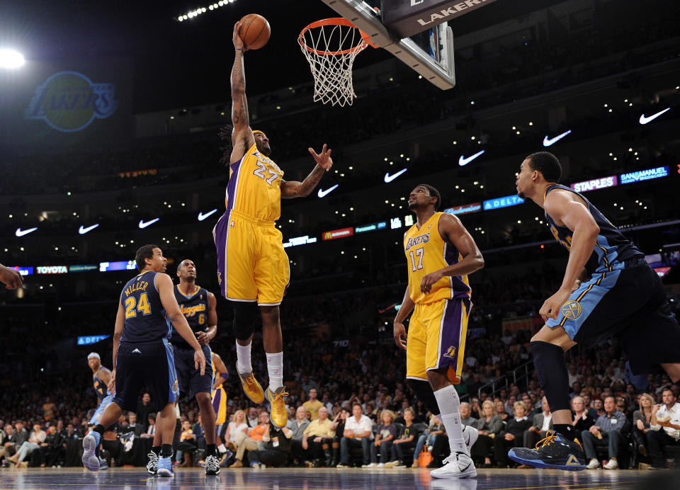 LOS ANGELES, CA - MAY 12: Jordan Hill #27 of the Los Angeles Lakers goes up for a dunk in the first half against the Denver Nuggets in Game Seven of the Western Conference Quarterfinals in the 2012 NBA Playoffs on May 12, 2012 at Staples Center in Los Angeles, California. NOTE TO USER: User expressly acknowledges and agrees that, by downloading and or using this photograph, User is consenting to the terms and conditions of the Getty Images License Agreement. (Photo by Harry How/Getty Images)