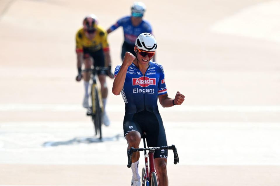 ROUBAIX FRANCE  APRIL 09 Mathieu van der Poel of The Netherlands and Team AlpecinDeceuninck celebrates at finish line as race winner during the 120th ParisRoubaix 2023 Mens Elite a 2566km one day race from Compigne to Roubaix on  UCIWT  April 09 2023 in Roubaix France Photo by Luc ClaessenGetty Images