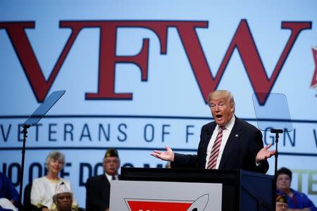 Donald Trump speaks to the Veterans of Foreign Wars conference at a campaign event in Charlotte, North Carolina, U.S. July 26, 2016. REUTERS/Carlo Allegri