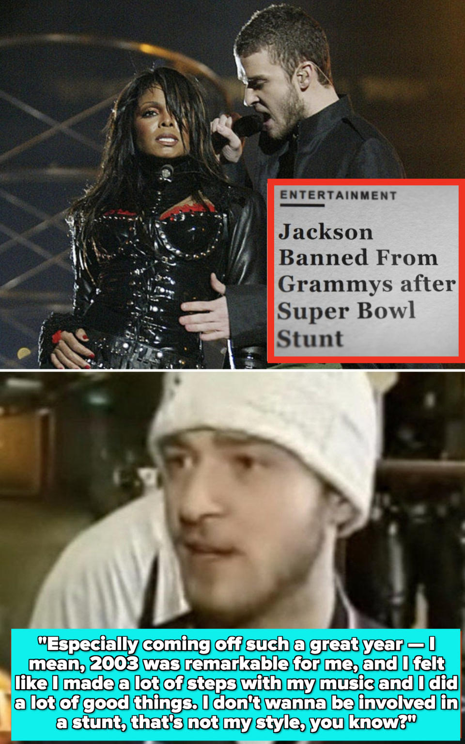 Jackson and Timberlake performing at the Super Bowl in 2004; Newspaper headline that reads: "Jackson Banned From Grammys after Super Bowl Stunt;" Timberlake "defending" himself in a 2004 interview, saying it wasn't his style to be involved in a "stunt"