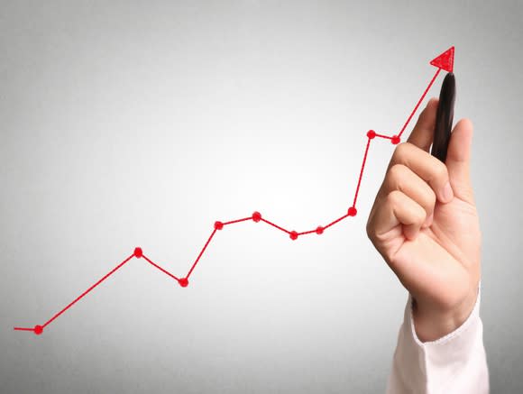 A hand drawing a rising stock chart.