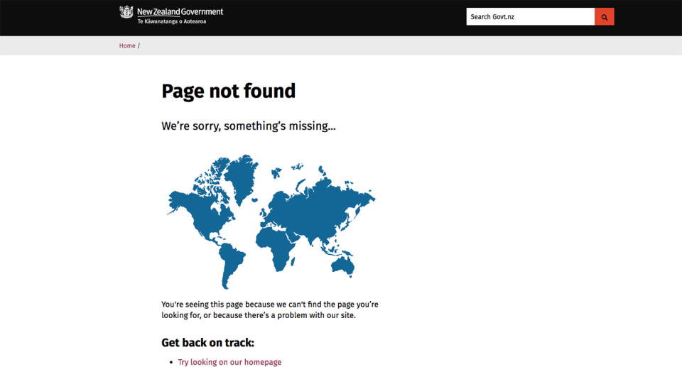 Even the New Zealand government’s website features a world map without New Zealand. Source: govt.nz