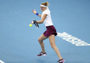 Petra Kvitova of the Czech Republic plays a shot during her semifinal match against Madison Keys of the United States at the Brisbane International tennis tournament in Brisbane, Australia, Saturday, Jan. 11, 2020. (AP Photo/Tertius Pickard)