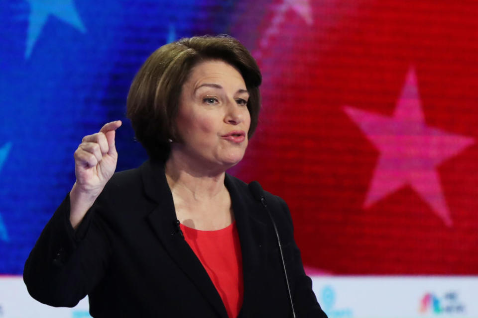 MIAMI, FLORIDA - JUNE 26: Sen. Amy Klobuchar (D-MN) speaks during the first night of the Democratic presidential debate on June 26, 2019 in Miami, Florida. A field of 20 Democratic presidential candidates was split into two groups of 10 for the first debate of the 2020 election, taking place over two nights at Knight Concert Hall of the Adrienne Arsht Center for the Performing Arts of Miami-Dade County, hosted by NBC News, MSNBC, and Telemundo. (Photo by Joe Raedle/Getty Images) | Joe Raedle—Getty Images