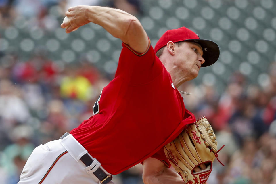 Minnesota Twins starting pitcher Sonny Gray throws to the Kansas City Royals in the first inning of a baseball game Sunday, May 29, 2022, in Minneapolis. (AP Photo/Bruce Kluckhohn)