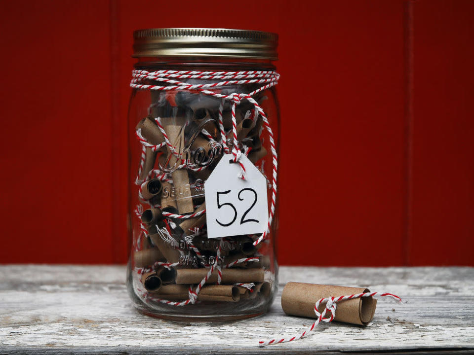 This is such a sweet idea for your partner. Fill a jar with 52 date ideas; one for every week of the year. 