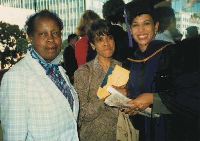 Kamala Harris, right, after graduating from law school in 1989, pictured with mother Shyamala, center, and first-grade teacher, Frances Wilson. (Courtesy of Kamala Harris)