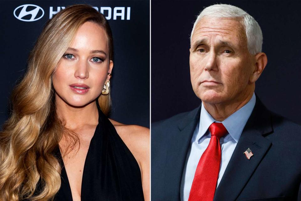 <p>Gotham/FilmMagic; Anna Moneymaker/Getty</p> Jennifer Lawrence at the GLAAD Media Awards in New York City on May 11, 2024; Mike Pence in Washington, D.C., on Sept. 15, 2023